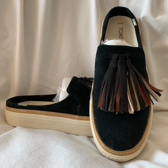 Toms Shoes - Toms Black Suede Tassel Backless Mules with Tan Sole